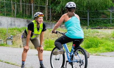 Amy Korver teaching an adult Learn to Ride class